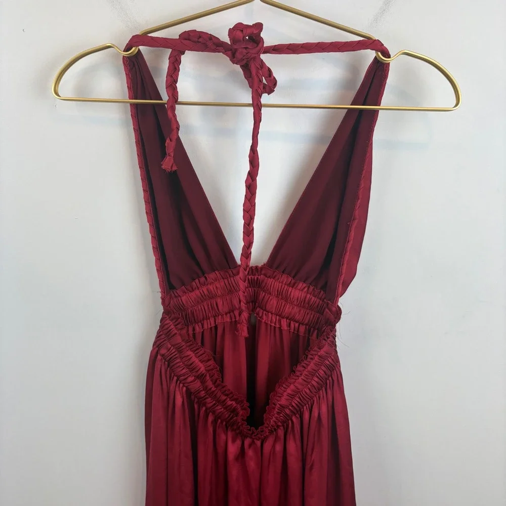 LoveShackFancy Wine Red Braided Halter Boho Open Back Smocked Maxi Dress Small?